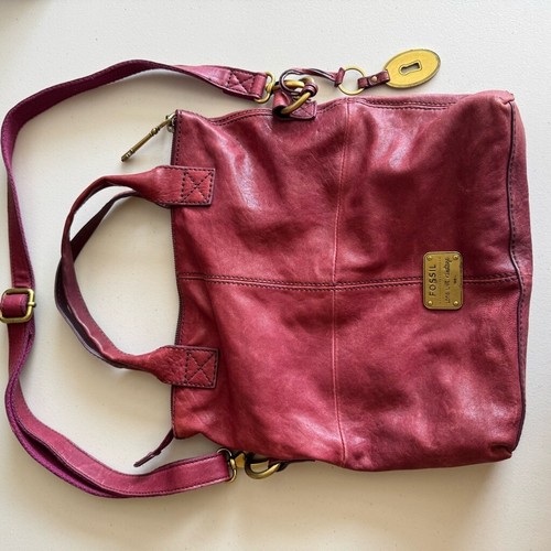 Women's Fossil Long Live Vintage Crossbody Leather Hobo Bag Red