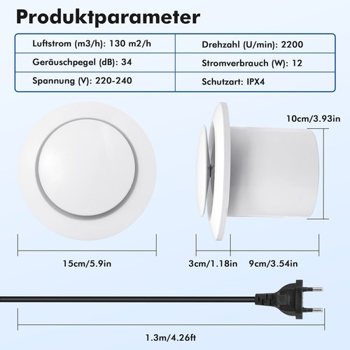 Badlüfter leise Ø 100mm mit Rückflussleitblech Nachlauf Bad WC Wand Ventilator - Bild 5 von 15