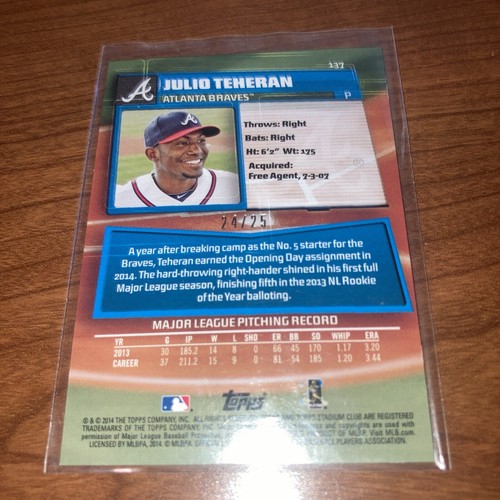 2014 Stadium Club Electric Foil Angels Baseball Card #137 Julio Teheran SP /#25 - Picture 3 of 3