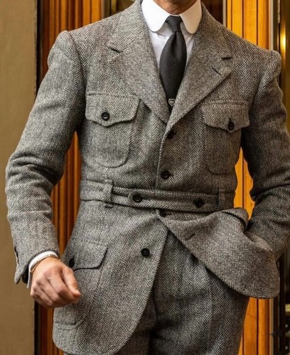 Vintage Tweed Men Safari Jackets with Belt Hunting Coat Multi Pockets Blazer - Picture 3 of 6