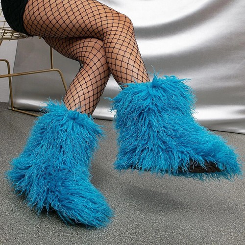 2023 Winter Shoes Women Fluffy Faux Fur Boots Warm Plush Snow Boot Rubber Flats - Picture 9 of 42