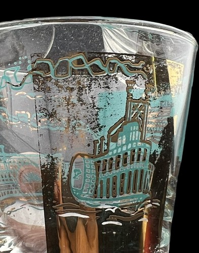 4 MCM 1950 Libbey Short Stem Glasses Riverboat Teal & Gold For Southern Comfort - Picture 8 of 9