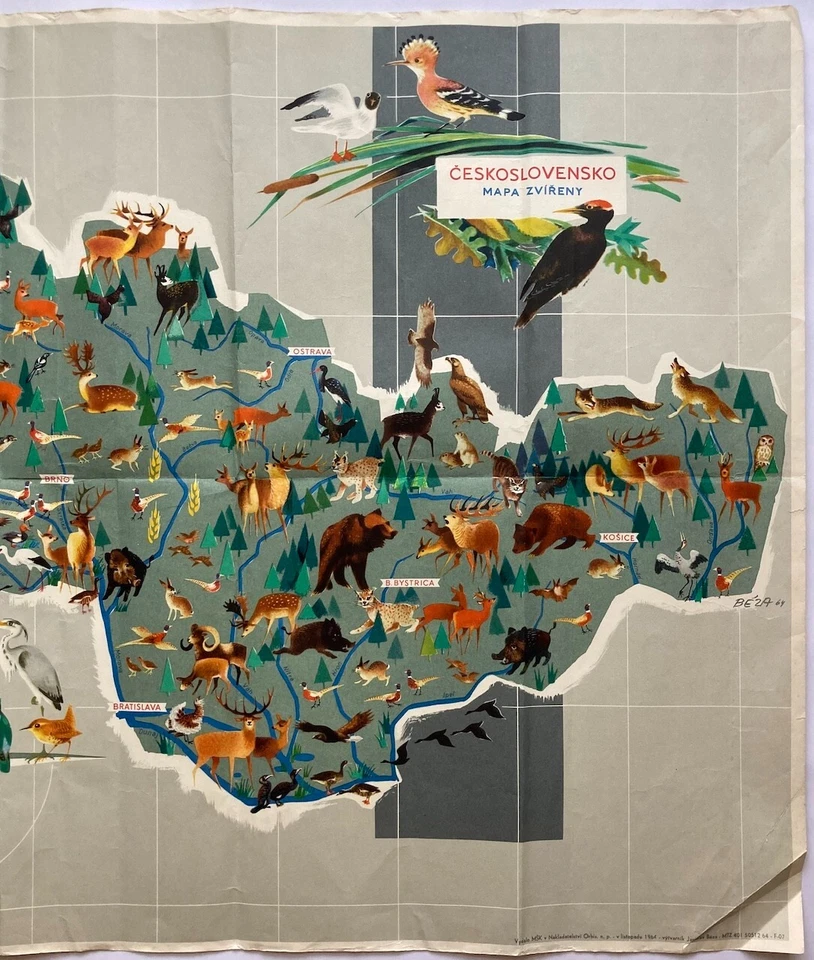 Original Vintage Map J. BEZA - WEALTH OF ANIMAL SPECIES - CZECHOSLOVAKIA - 1964 - Image 3 of 4
