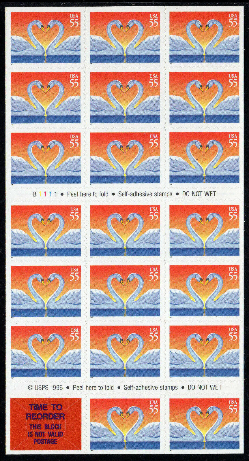 1996 55c Love, Elegant White Swans, Booklet of 20 Scott 1996 55c Love, Elegant White Swans, Booklet of 20 Scott