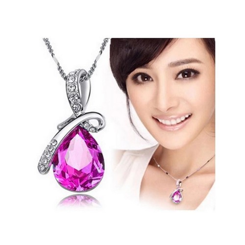 Funkelnder Kristallschmuck heißrosa Träne Damen Anhänger Halskette BGCW0068 - Bild 7 von 8