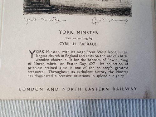 LNER Menu Card York Minster Royal Station Hotel Cyril Barraud circa 1920 unused - Picture 6 of 10