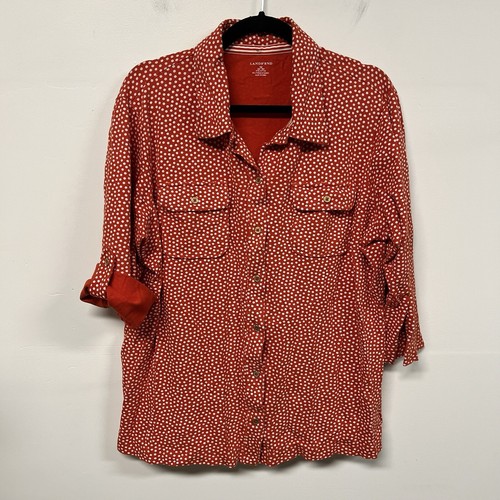 Lands End Button Up Shirt Womens Size 1X Red Polka Dot Roll Tab Sleeve Valentine - Bild 2 von 15