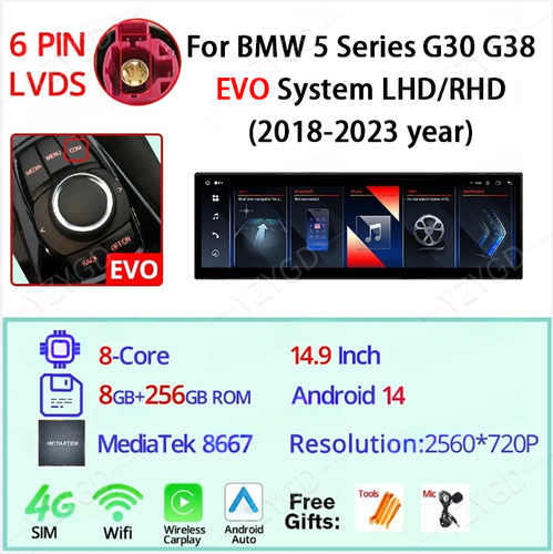 14.9'' Android Car Radio For BMW 5 Series G30 G38 2018-23 EVO Carplay Screen GPS - Picture 28 of 28