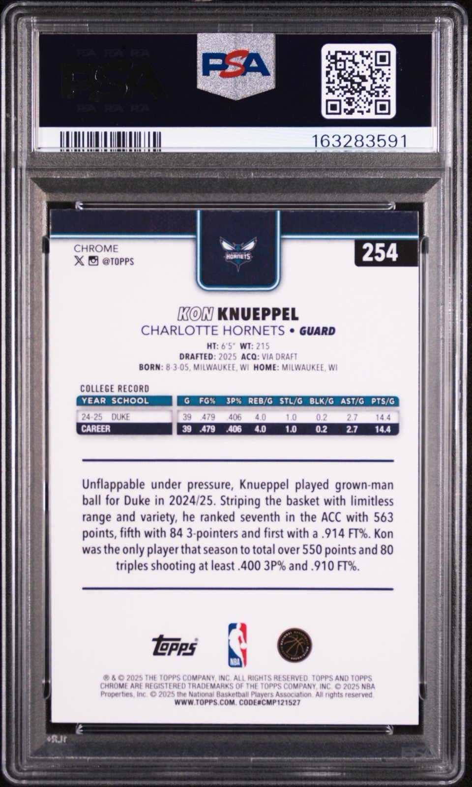 Kon Knueppel PSA 10 2025 Topps Chrome #254 RC Hornets view 2