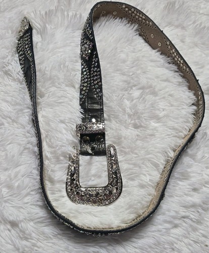 Cintura western nera in pelle con strass lavorata glitz taglia grande 48" - Foto 2 di 13