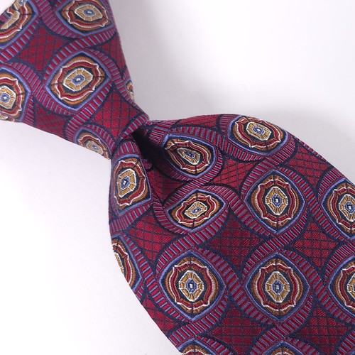 JOS A BANK SIGNATURE GOLD 100 % Seide Krawatte, geometrisches Medaillon, blau & rot, Italien.