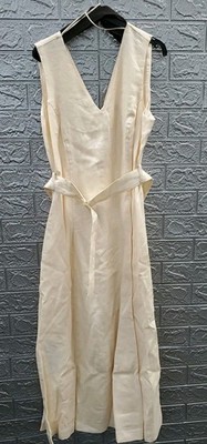 New MANGO Sleeveless V Neck Linen Belted Dress Beige Size 6