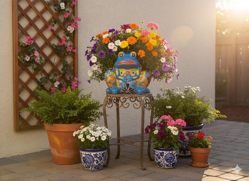 Handmade Talavera Frog Planter: Colorful Mexican Pottery Garden Decor - Picture 3 of 14
