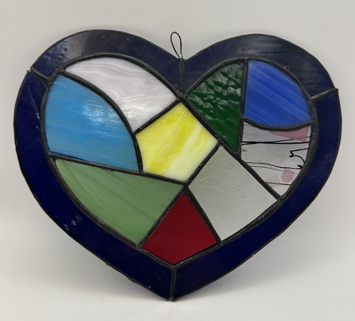 Heart Shaped Stained Glass Heart Suncatcher Red, Yellow Green & Blue 9” X 6” - Picture 1 of 10
