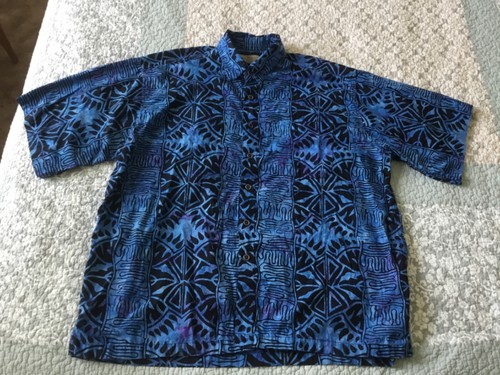 Johari West Hemd Herren 2XL Blau Schwarz Hawaii Batik Geometrisch All Over Print