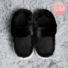 Fluffy Black Slippers Women's Faux Fur Cozy House Shoes Slip-On Indoor S/M