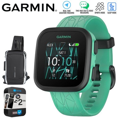 Garmin Bounce Kids Smartwatch, Green Burst w/ Sling Backpack + 2 Yr Warranty Kit - Photo 2 sur 12