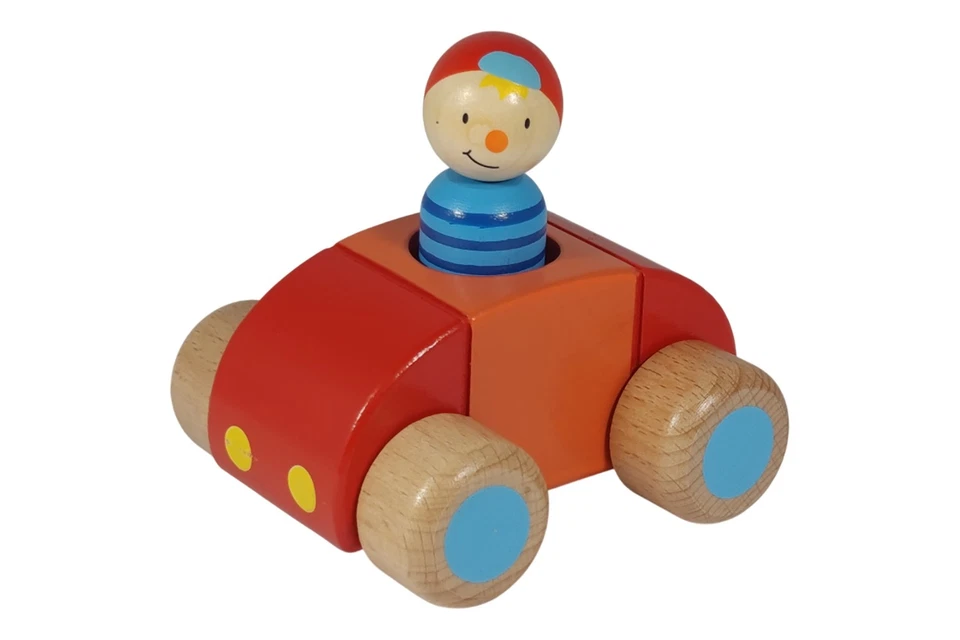 goki 55014 Fahrzeug mit Männchen und Hupe rot Holzauto - Bild 1 von 4