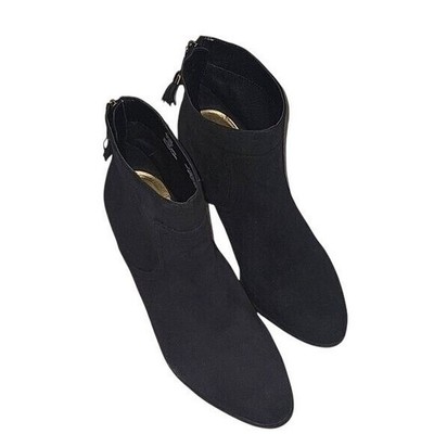 Anne Klein Niccie Black Suede Leather Tassel Zip Block Heel Ankle Boots 10.5M