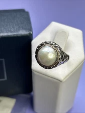 QVC Artisan Crafted Sterling Silver & 18K Gold Pearl Ring w/ Pebbled Detail S10