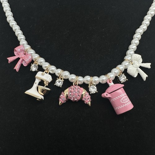 Betsey Johnson Faux Pearl Baking Themed Necklace With Rhinestones Pink Charms