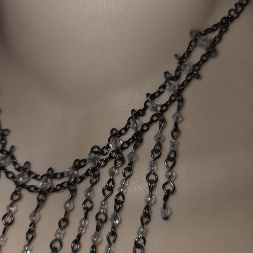 Choker Style Hanging Beaded Necklace Gunmetal Link Chain Clear Beads Punk Boho - Picture 4 of 10