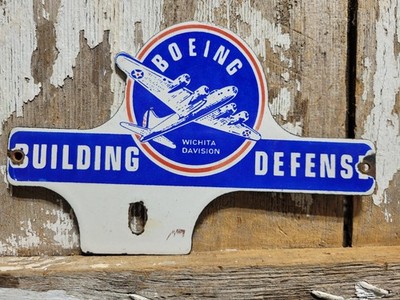 VINTAGE BOEING PORCELAIN SIGN RARE OLD AIRPLANE FIGHTER JET TAG TOPPER WICHITA