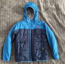 The North Face Boy Hooded Reversible Puffer Jacket Full Zip Blue Grey SZ M 12-15