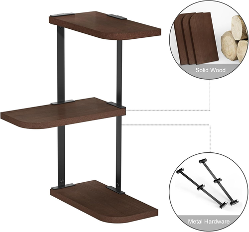 Estante de esquina montaje en pared de estantes flotantes de madera rústica de 3 niveles para dormitorio salón - Imagen 5 de 12