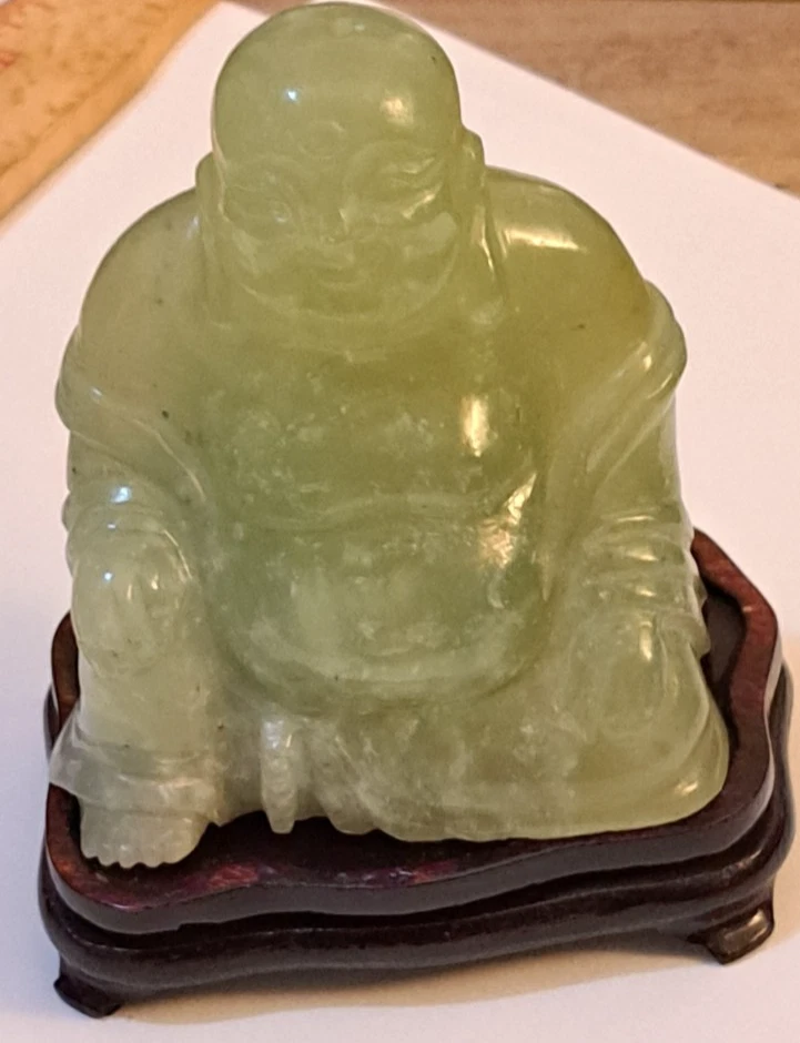 VintageChinese Jadeite Jade Carved Seated Buddha 3.75” x about 3"   Wooden Base. - Image 4 of 4