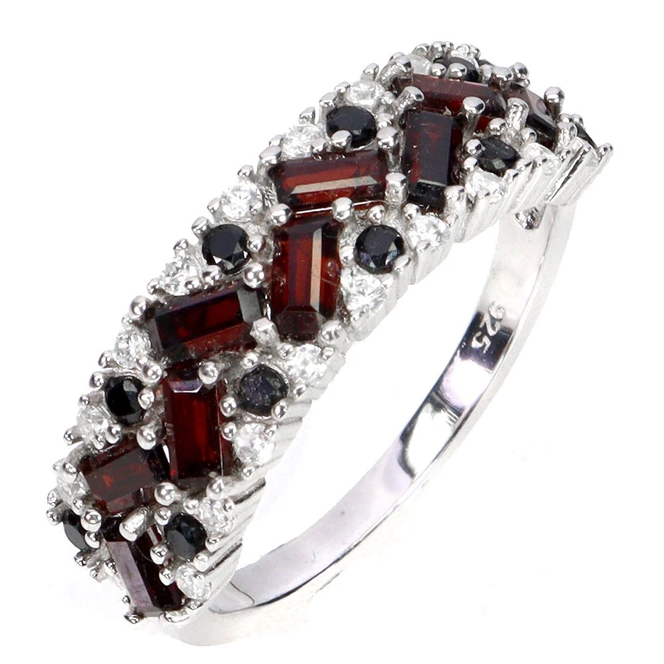 925 Anello Argento Sterling Baguette Mozambico Granato Spinello Gemma Taglia 9 - Immagine 2 di 4