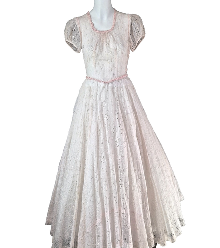Vintage Pink Dress 1950s Eyelet Fit & Flare Maxi Prom Gown Pretty Size XS - Picture 2 of 11