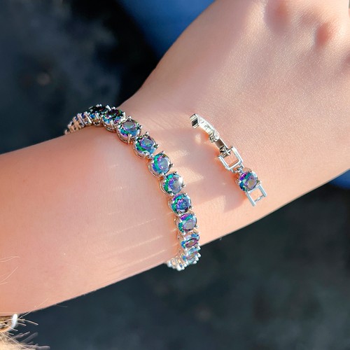 Women Silver Plated Round Rainbow Fire Mystic Topaz Cubic Zircon Tennis Bracelet - Bild 4 von 8