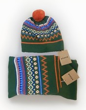 Mini Boden Kids Fair Isle Knit Beanie  Scarf Set Cotton Wool Blend Green 9-12Y