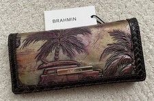 Brahmin Copa Cabana ADY Slim Bifold Wallet Multi Dark Brown Palm Trees Car NWT