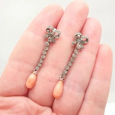 Antique Solid Silver Coral Paste Earrings Bow Hanging Drop Diamond Foiled Glass