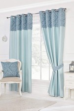 Image of Darcy Teal Blue Damask BORDERED TOP Ring Top / Eyelet Lined Curtains & Tie Backs