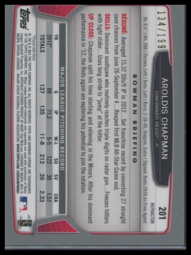 2013 Bowman Chrome #201 Aroldis Chapman Purple Refractors #/199 - Picture 2 of 2