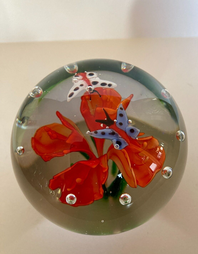Hand Blown Art Glass Paperweight Butterflies Orange Trumpet Flower Bubbles - Picture 20 of 24