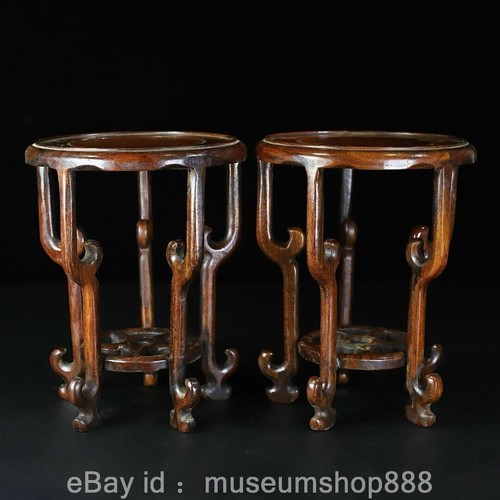 7.4" Old Chinese Huanghuali Wood Ccarving Dynasyt Palace 4 Feet Flower Rack Pair - Picture 3 of 9