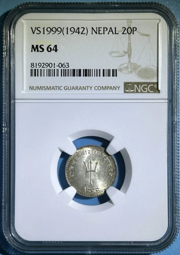 Nepal 1942 VS1999 20 Paisa Silver BU Coin Trident KM714 NGC MS 64 2nd Graded 7/2