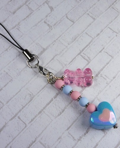 Gummy Bear Heart Handmade Cell Phone Charm Lanyard Strap Blue Pink New - Zdjęcie 3 z 3