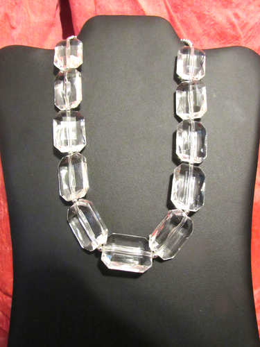 Vintage Clear Oblong Lucite Rhinestone Bead 1 1/4" Necklace Large Stunning 20” L