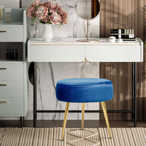 Silla taburete de maquillaje azul moderno de terciopelo con uñas acento sin espalda tapizada con mechones - Imagen 4 de 9
