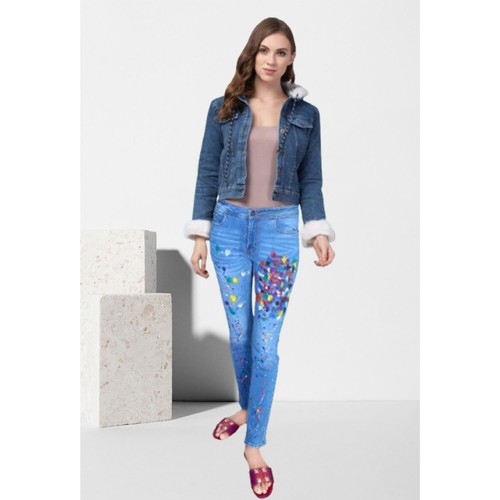 Women's Blue Denim Cotton Skinny-Leg Abstract Art Paint Casual Jeans Pants - Picture 10 of 10