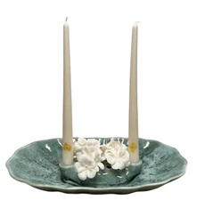 VTG California Pottery Candle Flower Frog Dish Decor MCM Sea Foam Green Glaze