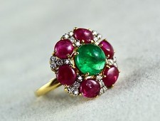 Certified Natural Emerald Burma Ruby Cabochon Diamond Gold Party Ring