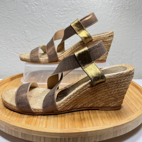 Eric Michael Espadrille Wedge Sandal 39 8.5 Gold Metallic Shiny Leather Strappy - Picture 2 of 9