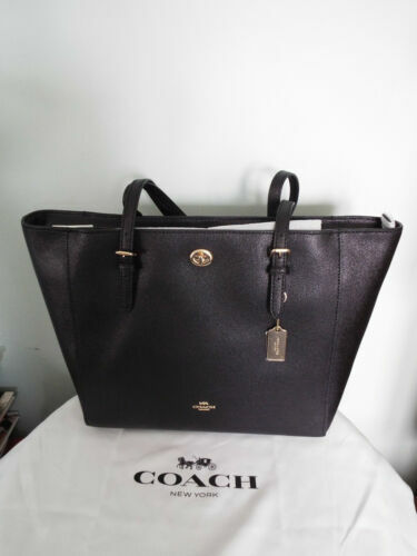 COACH Turn lock Leather Tote Bag in Black (29086) with Bag Charm