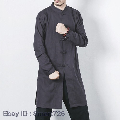 Men Chinese Kung Fu Long Jacket Top Midi Tang Suit Martial Art Shirt Loose Chic - Picture 6 of 21